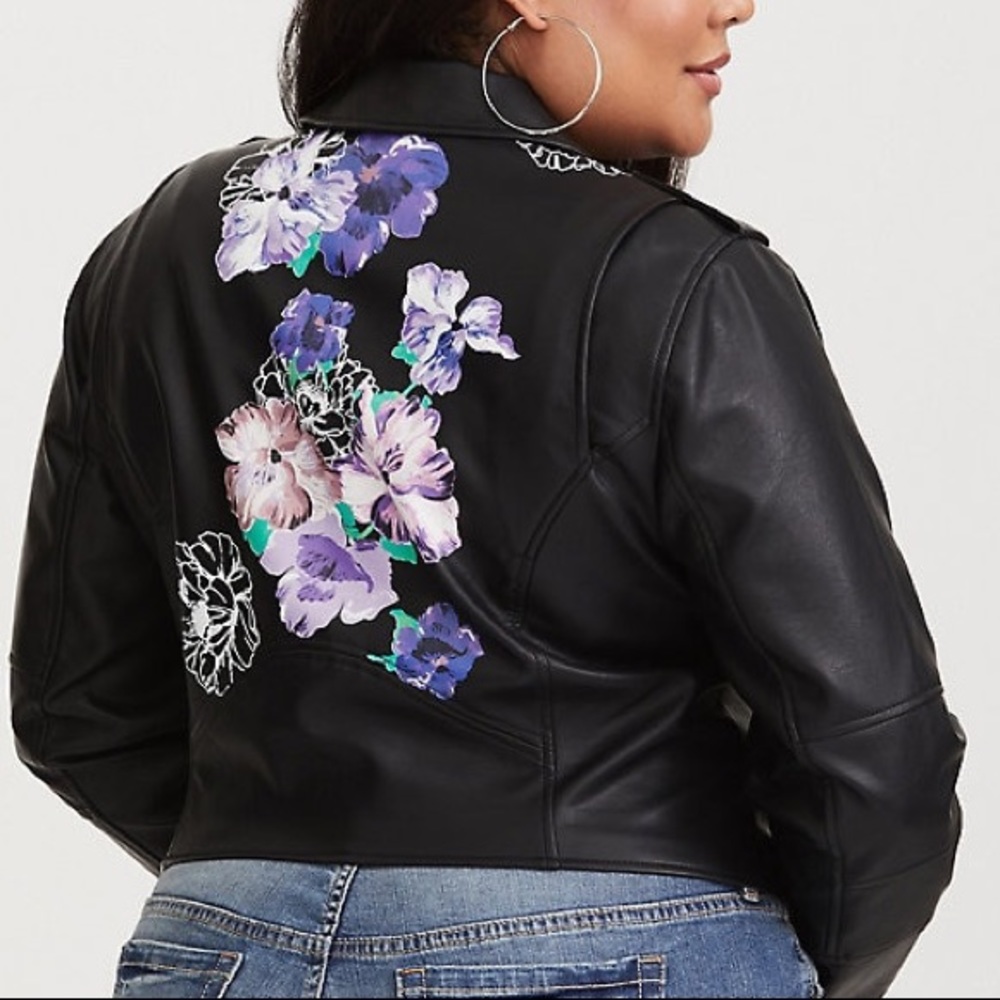 TORRID Black Floral Faux Leather Moto Jacket